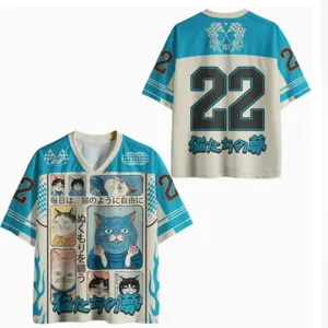 Men's casual colorblock graphic t-shirt with Japanese cat print and number 22 streetwear.