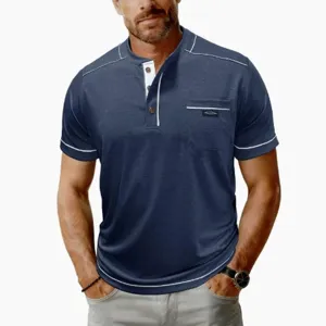 Maglietta Henley uomo manica corta profilo contrasto tasca bottone top estate blu