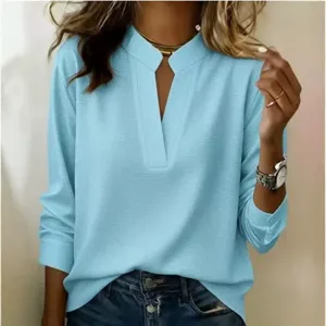 Dames casual lange mouw V-hals pullover blouse in lichtblauw, veelzijdige lente shirt top.