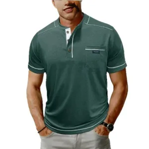 T-shirt Henley da uomo a maniche corte taglie forti con tasca sul petto e bottoni