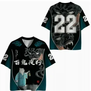 Men's Japanese Retro Style 3D Digital Printed V-Neck Short Sleeve Baseball Jersey Shirt Breathable Polyester Graphic Top Unisex