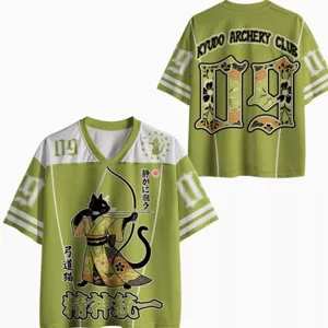 Men's green 3D digital print V-neck sports jersey with archery cat graphic design.