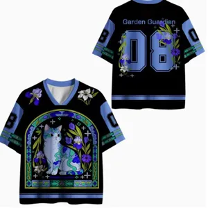 Men's 3D digital printed short sleeve V-neck t-shirt with cat and floral graphic design.