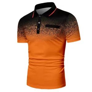 Men's short sleeve polo shirt featuring a stylish black and orange gradient dot pattern.