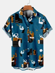 Men's short sleeve Hawaiian shirt with abstract jazz music print casual summer beach top.