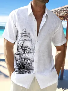 Close-up of the stylish sailboat print and breathable fabric texture on a casual resort shirt.