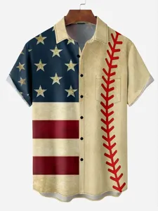 Men's vintage US flag and baseball print short sleeve casual Hawaiian shirt for summer.