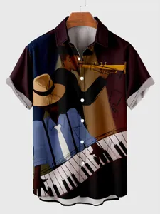 Detail view of men's vintage jazz music print short sleeve Hawaiian shirt with button-down front.
