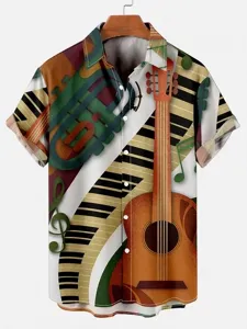 Men casual short sleeve Hawaiian shirt with music instrument print summer beach top