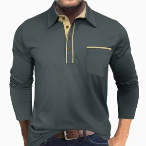 Close-up detail of the men's long sleeve polo shirt featuring contrast color collar and pocket.