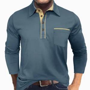 Men's long sleeve contrast color polo shirt casual lapel button regular fit daily t-shirt