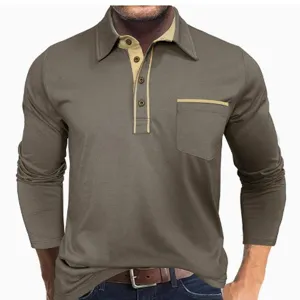 Men's long sleeve contrast polo shirt with chest pocket and buttons detail close up view