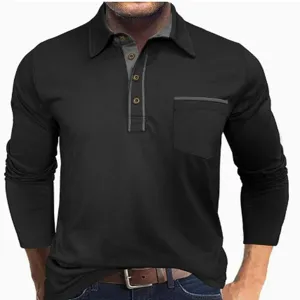 Men's long sleeve polo shirt with contrast collar pocket casual daily wear stylish top.