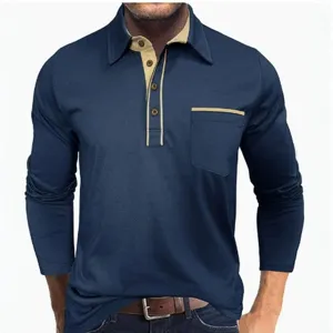 Men's Long Sleeve Polo Shirt Casual Color Block Lapel Button Down Pocket T-Shirt Top