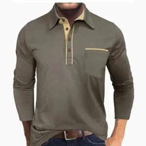 Men's long sleeve contrast polo shirt casual daily button lapel top with chest pocket