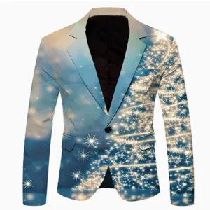 Men's casual slim fit blazer jacket featuring a unique glowing starry night Christmas print design.