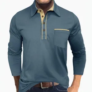 Men's Long Sleeve Contrast Collar Polo Shirt with Chest Pocket Casual Button Top