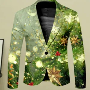 Christmas print men's casual suit jacket detail showcasing festive holiday style pattern.