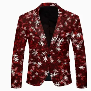 Men's Red Christmas Snowflake Print Slim Fit Casual Suit Jacket Party Blazer Outerwear