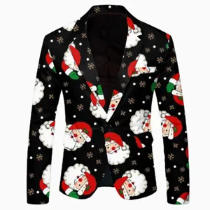 Christmas print men suit jacket detail view showing festive Santa pattern and black lapel.
