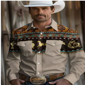 Men's western cowboy long sleeve shirt vintage 3d printed lapel casual top for men