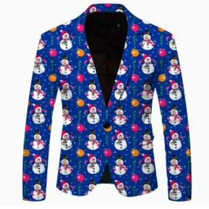Close-up detail of the festive blue Christmas snowman print casual men's suit jacket.