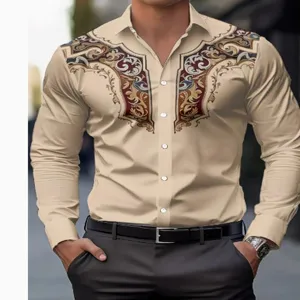 Men's vintage Western style 3D printed long sleeve shirt casual lapel designer top