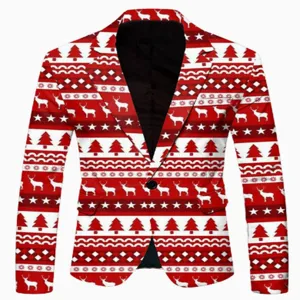 Men's festive Christmas printed slim fit casual blazer jacket perfect for holiday parties.