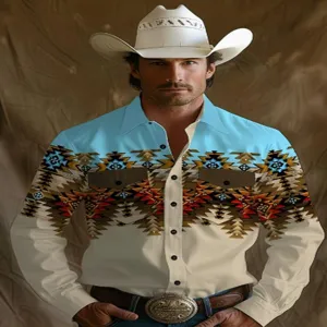 Men's western cowboy style 3d digital print long sleeve shirt vintage lapel casual top