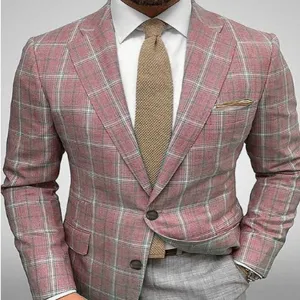 Men's pink plaid suit two-piece slim fit wedding blazer and trousers set casual formal wear