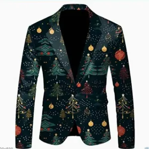 Christmas tree printed men casual slim fit blazer jacket, perfect for holiday party.
