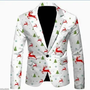 Christmas print men's casual blazer detail showing red reindeer and green tree pattern.