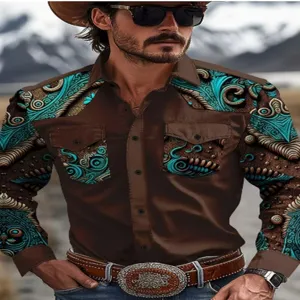 Western cowboy style 3D digital printed long sleeve shirt for men, retro lapel casual top.