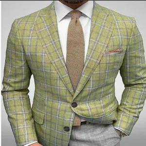 Men's green plaid slim fit blazer stylish two-button casual business suit jacket for wedding