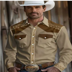 Men's western cowboy style long sleeve shirt with vintage lapel and unique print design.