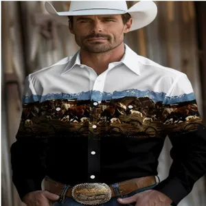 Western cowboy style 3D digital print long sleeve shirt for men with retro lapel and casual top.