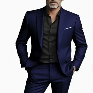Men's navy blue suit set two piece formal blazer jacket and matching trousers detail view.
