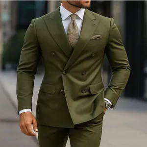 Costume croisé vert olive pour homme, ensemble professionnel deux pièces de blazer chic.