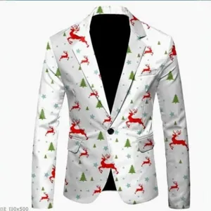 Christmas men's casual blazer festive red reindeer green tree print slim fit jacket