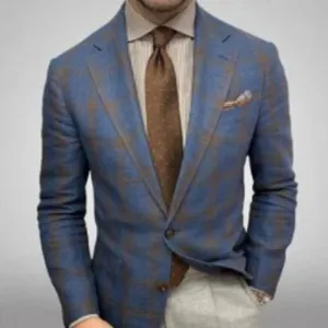 Men blue plaid blazer detail showing tailored fit, lapel collar and premium fabric texture.