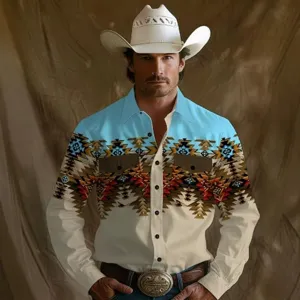 Men western cowboy style 3D digital printed long sleeve shirt vintage lapel casual top