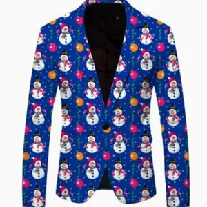 Men's casual Christmas blazer blue snowman print novelty suit jacket for holiday party