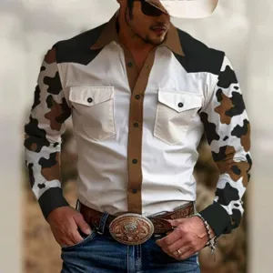 Men's western cowboy long sleeve shirt retro print lapel casual fashion shirt top