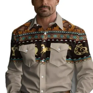 Men's Western Cowboy 3D Printed Long Sleeve Shirt Vintage Lapel Casual Button Down Top