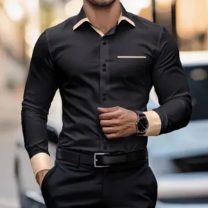 Ανδρικό πουκάμισο μακρυμάνικο slim fit casual με κομψό γιακά και τσέπη σε αντίθεση.