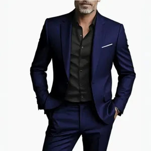 Men's slim fit dark blue suit two-piece set business casual formal blazer and trousers outfit