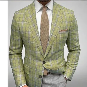 Men Slim Fit Plaid Suit Top And Bottom Wedding Business Casual Plaid Blazer Pants Suit For Formal Banquet Party Office Wear