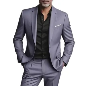 Men's two-piece grey suit set with blazer and trousers, paired with a black shirt for a sharp look.