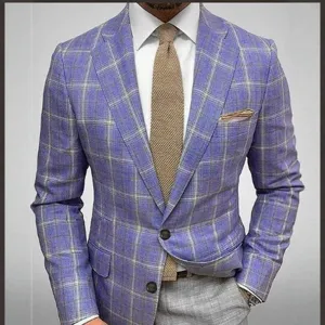 Men's Plaid Suit Two-Piece Slim Fit Casual Blazer Wedding Formal Jacket Trousers Set