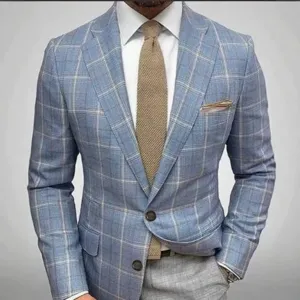 Men's slim fit plaid suit jacket business casual two piece wedding blazer outfit.